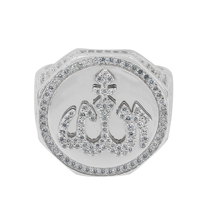 Sterling silver with rhodium, Allah ring with cubic zirconia, 22mm width, 6mm band