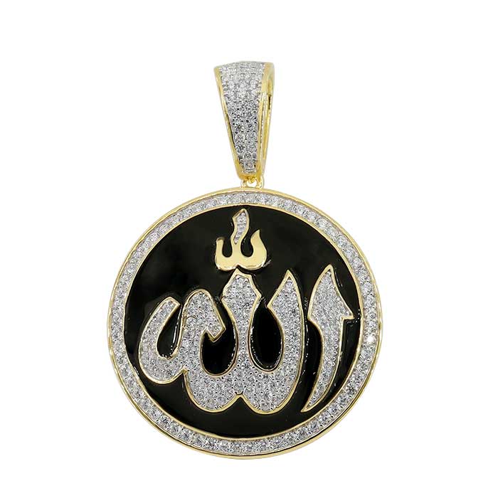 Sterling silver with gold, 38mm Allah pendant with cubic zirconia