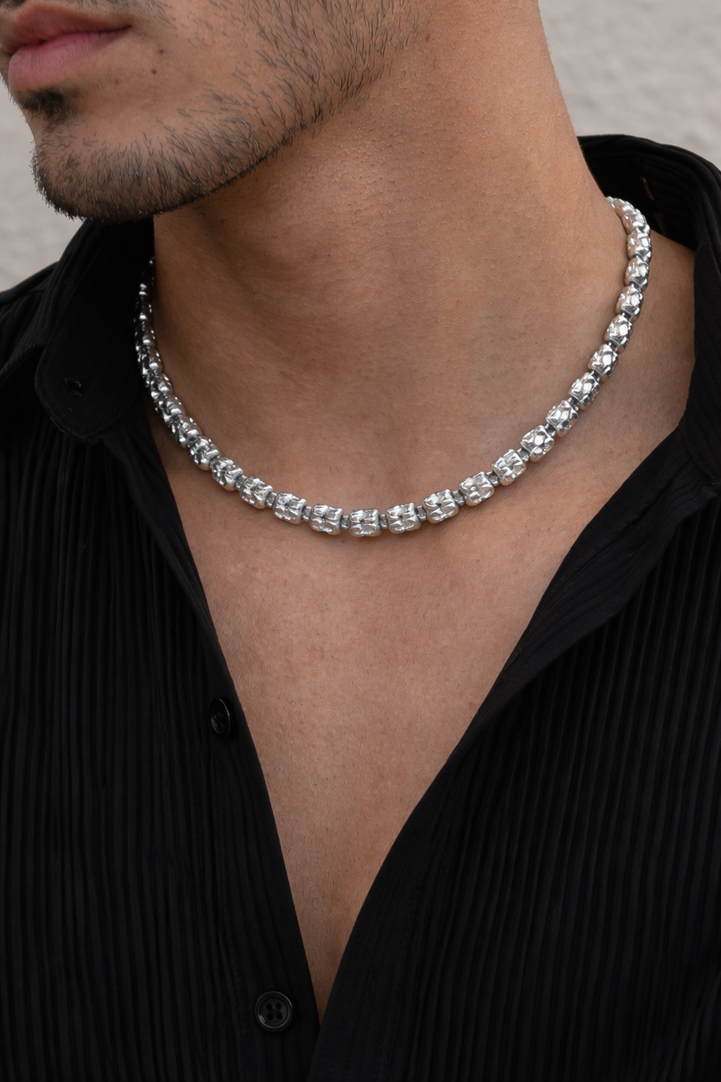 Sterling silver with rhodium, diamond cut ice chain with 3 barrel