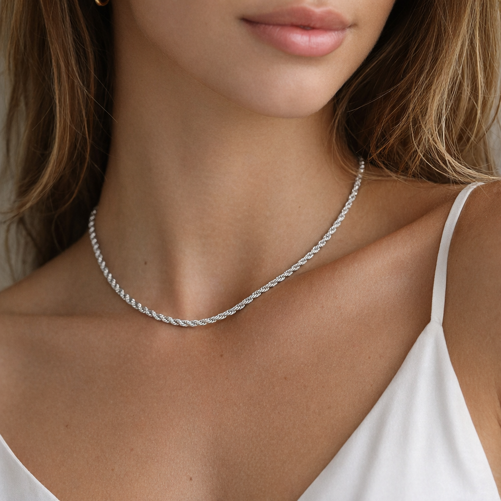 Sterling silver, 2mm silk rope chain.