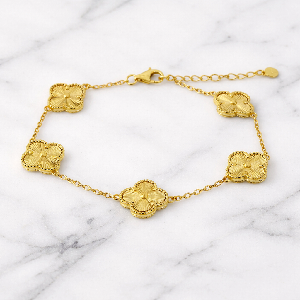 Sterling silver with gold, 4 leaf clover bracelet, 11.5mm width, 6.5″ + 1″ extension