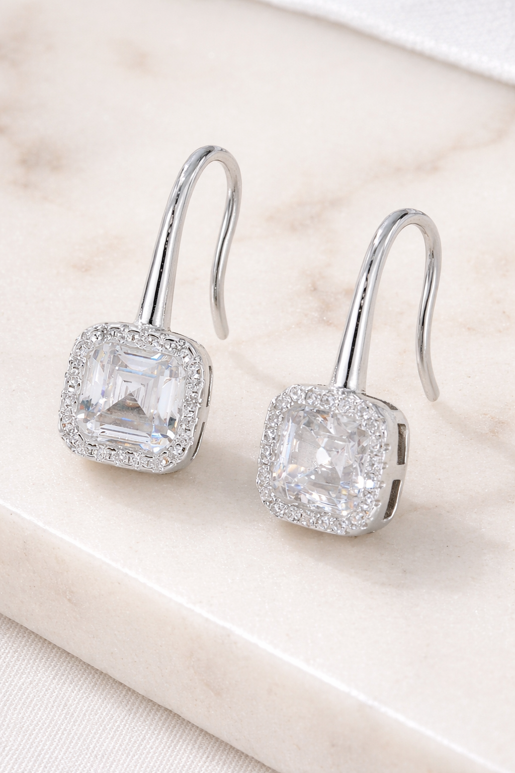 Sterling silver with rhodium, 8x8mm square cubic zirconia earrings
