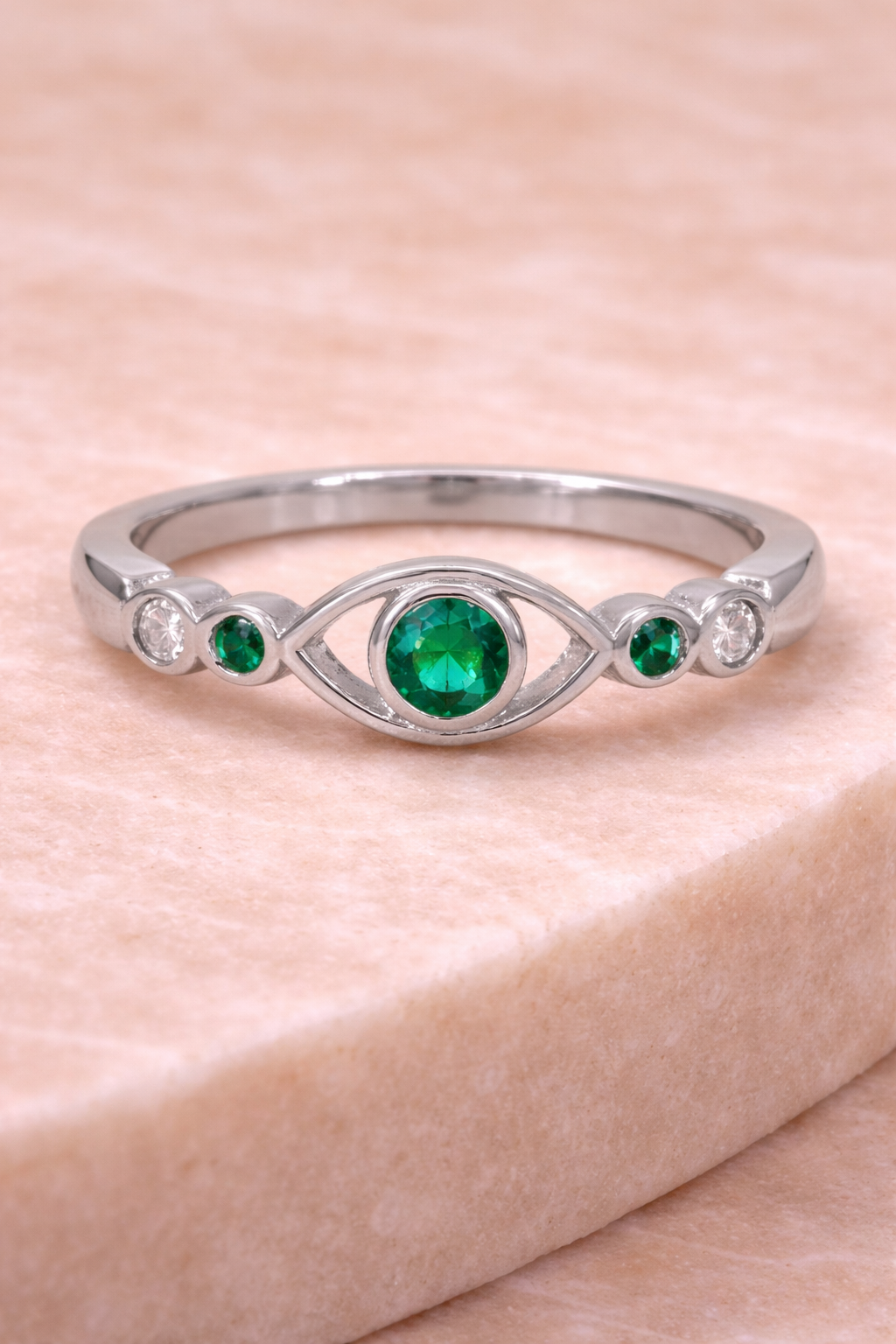 Sterling silver with rhodium, evil eye ring with cubic zirconia, 5.5mm width