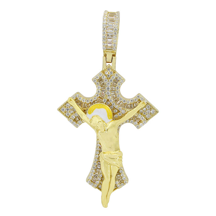Sterling silver with gold, 29x42mm crucifix cross pendant with cubic zirconia