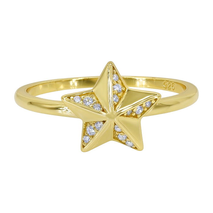 Sterling silver with rhodium, 9mm star ring with cubic zirconia, 1.5mm band