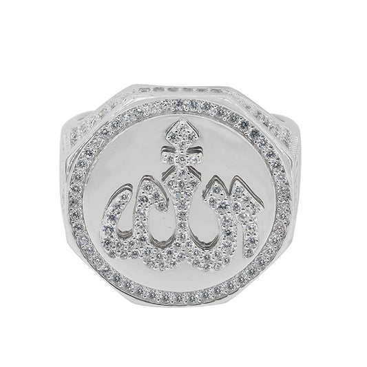 Sterling silver with rhodium, Allah ring with cubic zirconia, 22mm width, 6mm band