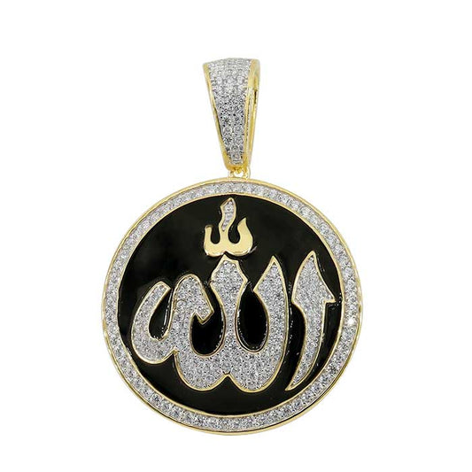 Sterling silver with gold, 38mm Allah pendant with cubic zirconia