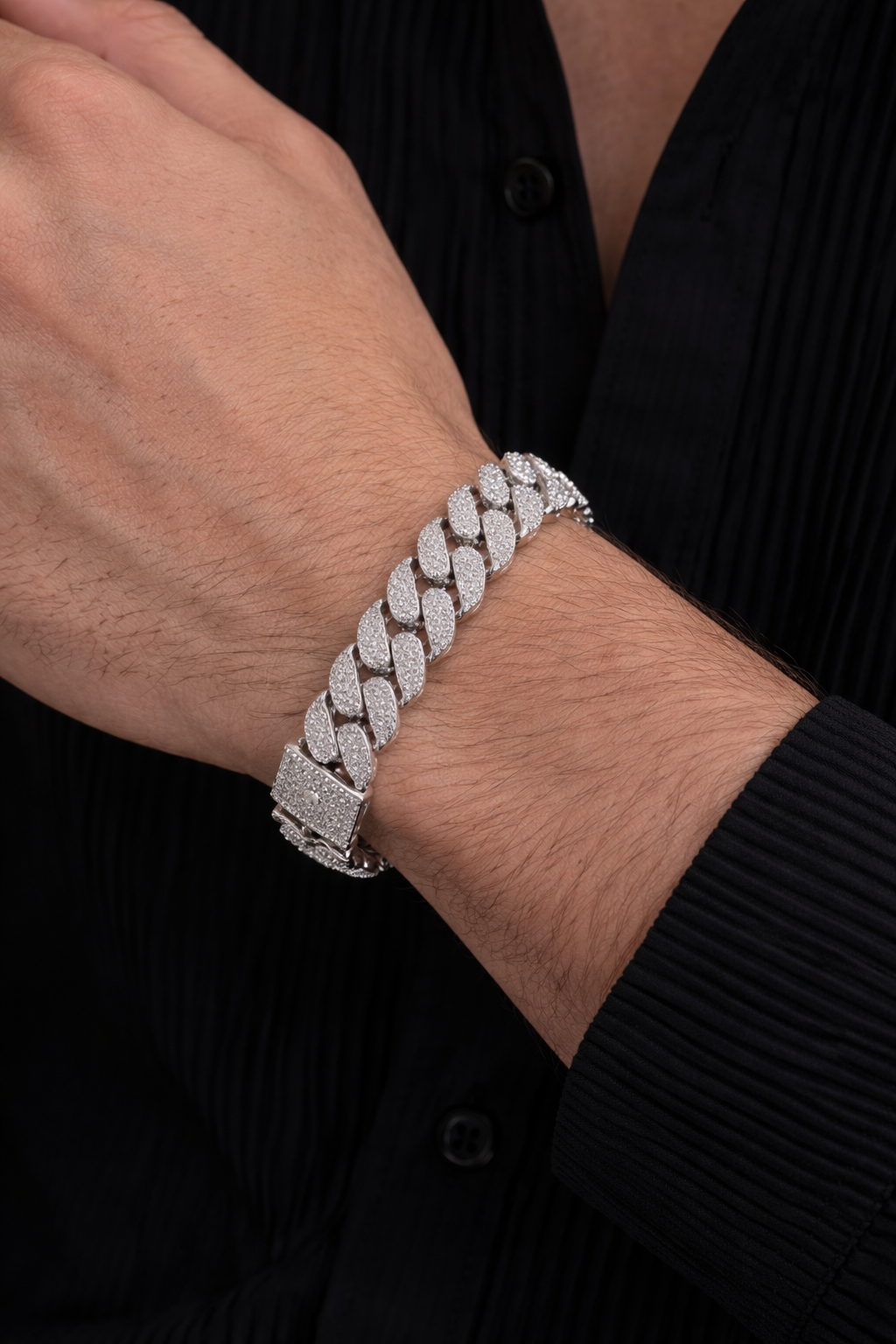 Sterling silver with rhodium, zig zag Cuban bracelet with cubic zirconia.