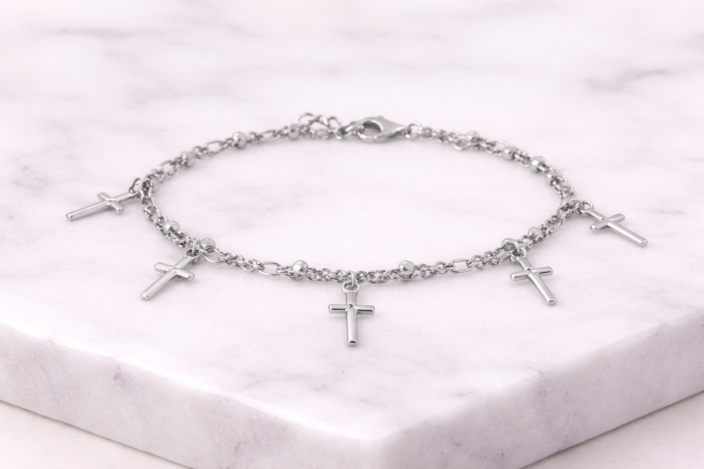 Sterling silver with rhodium, double link with cross charm, 7″ + 0.5″ extension