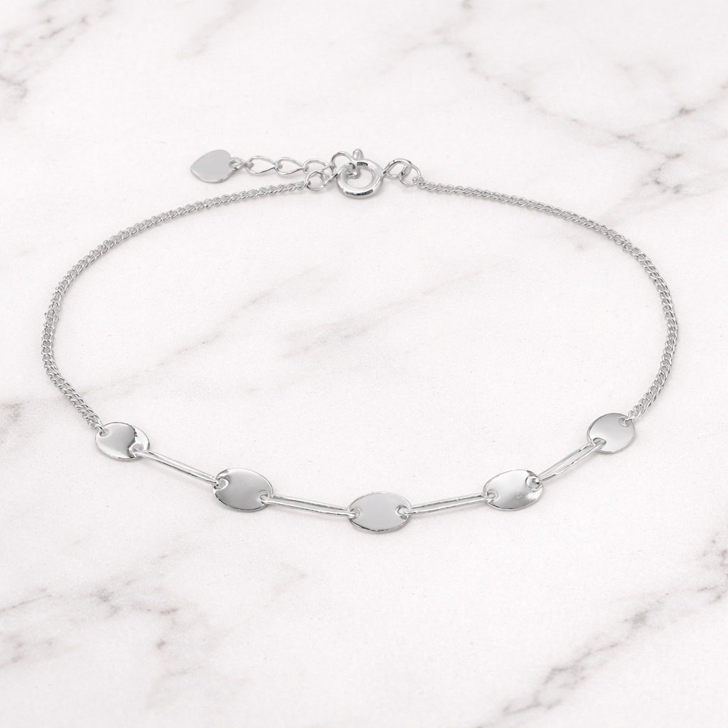 Sterling silver with rhodium, oval disc bracelet, 4mm width, 7″ + 0.5″ extension