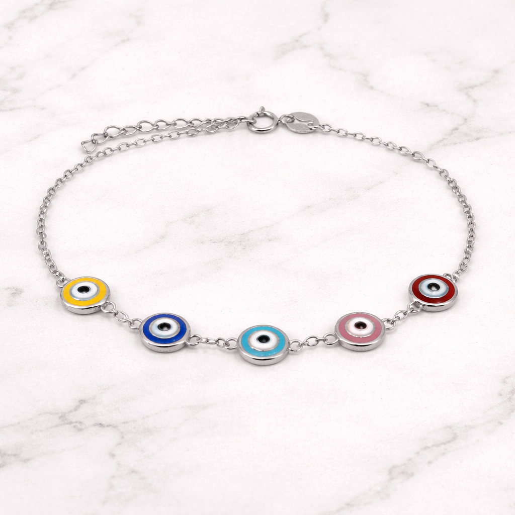 Sterling silver with rhodium, 7mm evil eye charm bracelet, 7″ + 1″ extension