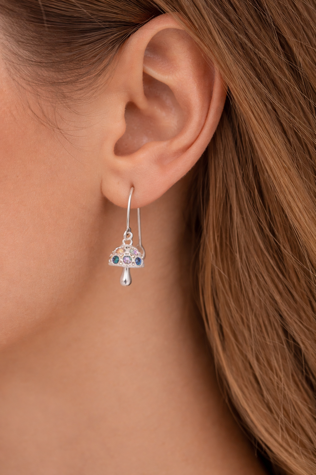 Sterling silver with rhodium, cubic zirconia mushroom earrings, 9x10mm