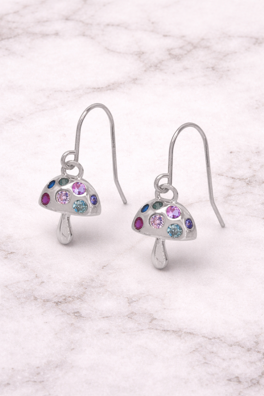 Sterling silver with rhodium, cubic zirconia mushroom earrings, 9x10mm