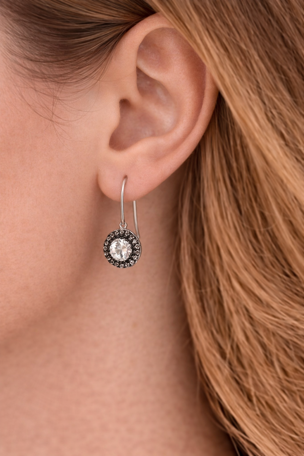 Sterling silver with rhodium, cubic zirconia earrings, 9mm diameter