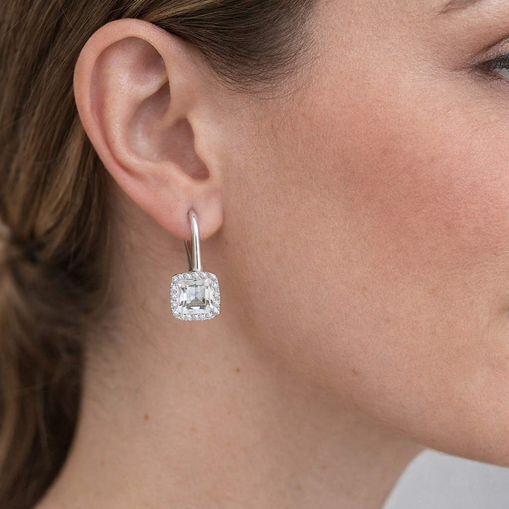 Sterling silver with rhodium, 8x8mm square cubic zirconia earrings