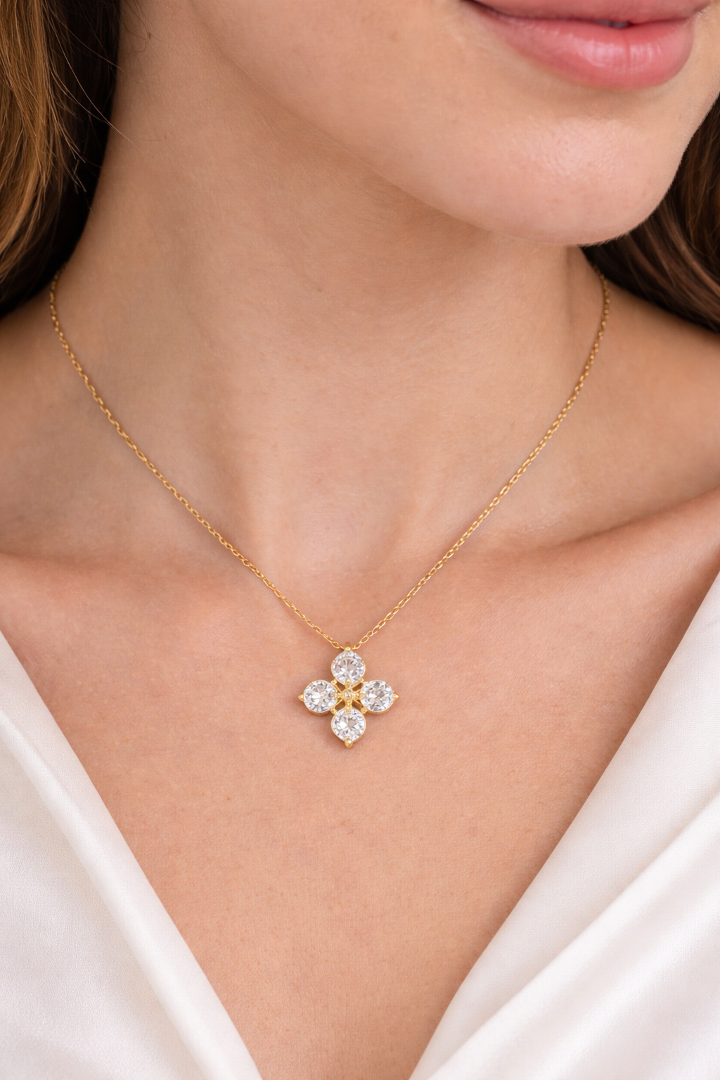 Sterling silver with gold, 12mm flower necklace with cubic zirconia, 16″ + 2″ extension