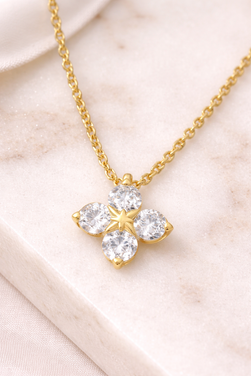Sterling silver with gold, 12mm flower necklace with cubic zirconia, 16″ + 2″ extension