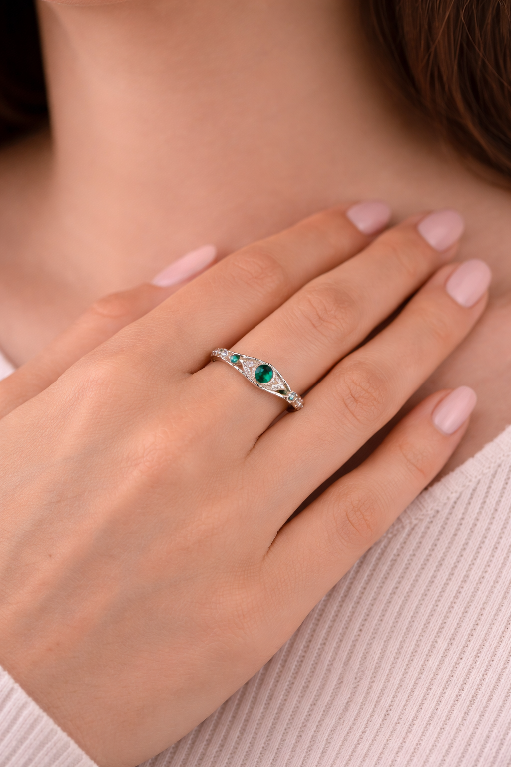 Sterling silver with rhodium, evil eye ring with cubic zirconia, 5.5mm width