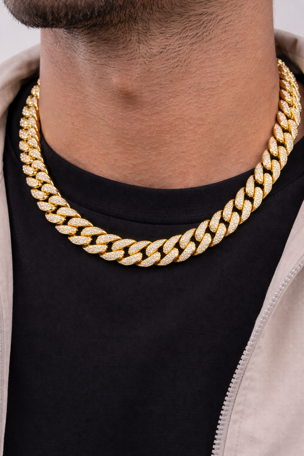 Sterling silver with gold, zig zag Cuban chain with cubic zirconia.