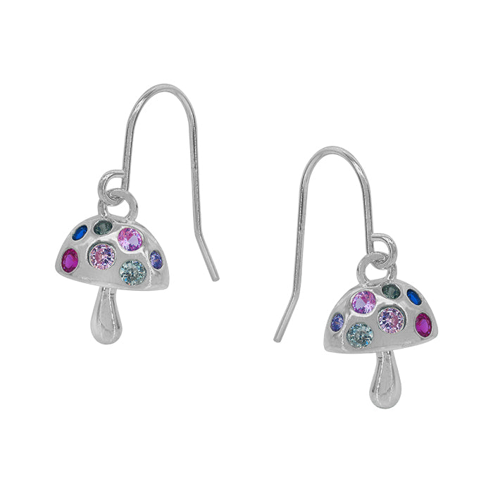 Sterling silver with rhodium, cubic zirconia mushroom earrings, 9x10mm