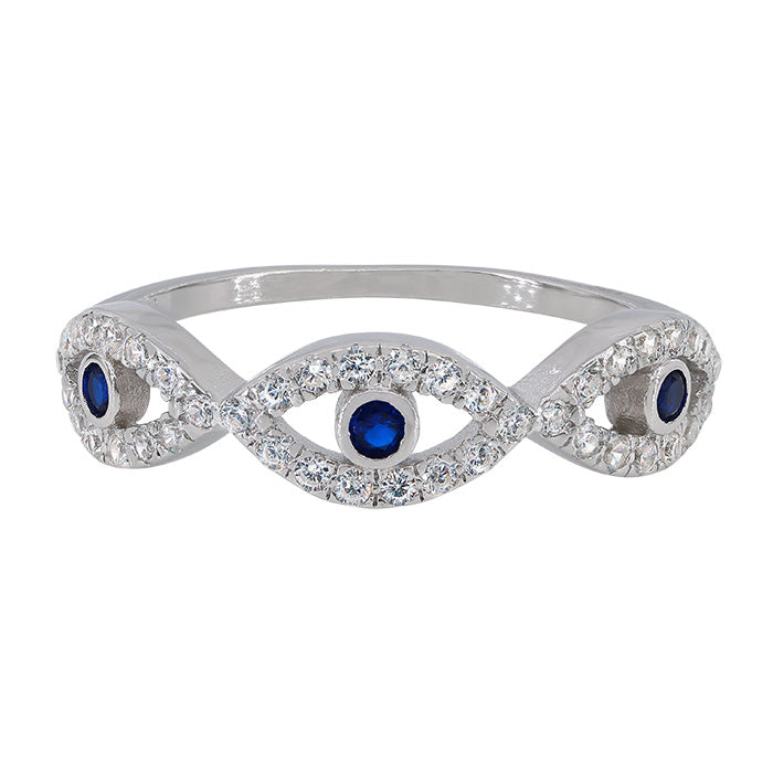 Sterling silver with rhodium, evil eye ring with cubic zirconia, 5.5mm width
