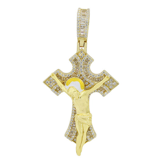 Sterling silver with gold, 29x42mm crucifix cross pendant with cubic zirconia