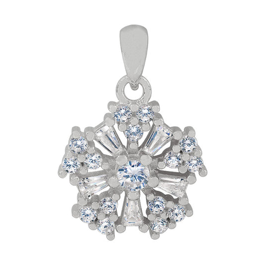 Sterling silver with rhodium, 13mm snowflake pendant with cubic zirconia