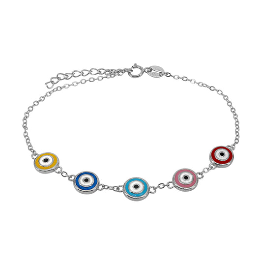 Sterling silver with rhodium, 7mm evil eye charm bracelet, 7″ + 1″ extension