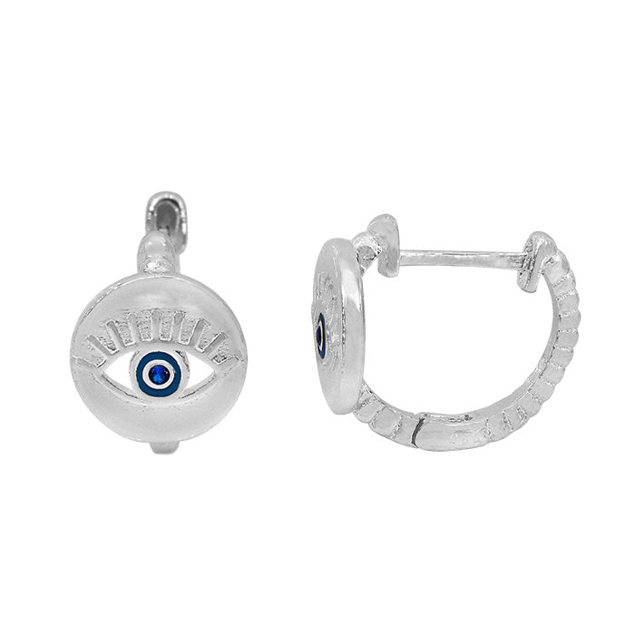 Sterling silver with rhodium, 10mm evil eye hoop earrings with cubic zirconia, 15mm(hoop)