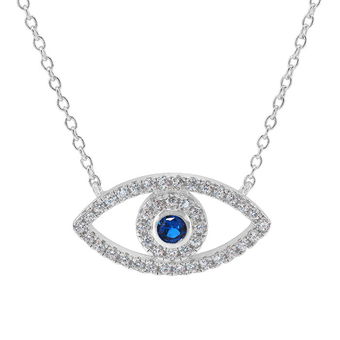 Sterling silver with rhodium, 10x20mm evil eye pendant with cubic zirconia, 16″ + 2″ extension