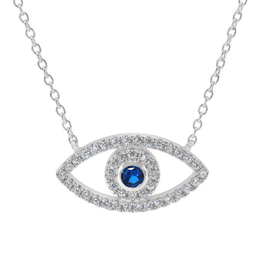 Sterling silver with rhodium, 10x20mm evil eye pendant with cubic zirconia, 16″ + 2″ extension