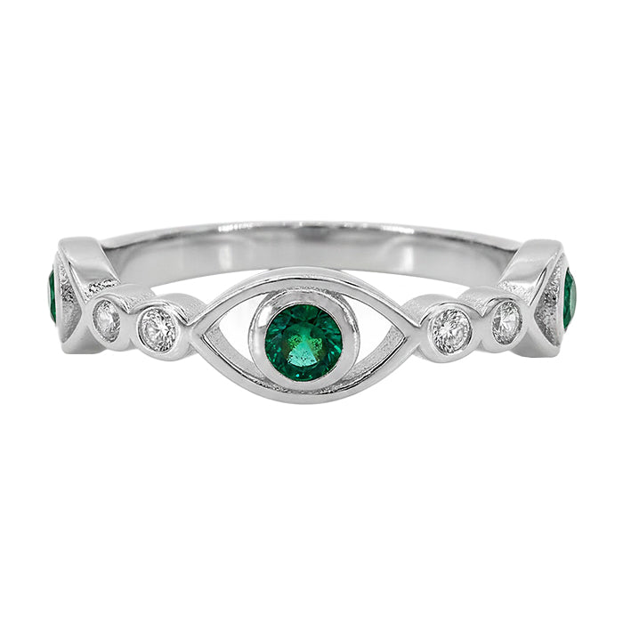 Sterling silver with rhodium, evil eye ring with cubic zirconia, 5.5mm width