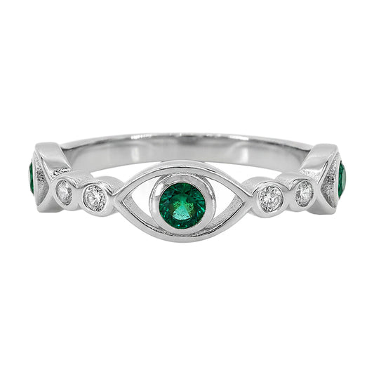 Sterling silver with rhodium, evil eye ring with cubic zirconia, 5.5mm width