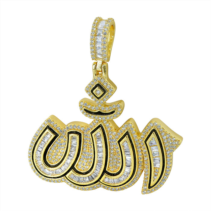 Sterling silver with rhodium or Gold, cubic zirconia Allah pendant, 34x45mm