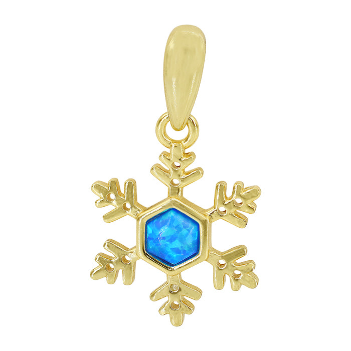 Sterling silver with rhodium, 12mm snowflake pendant with blue emulated opal
