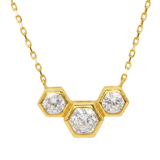 Sterling silver with gold, 9x16mm honeycomb necklace with cubic zirconia, 16″ + 2″ extension