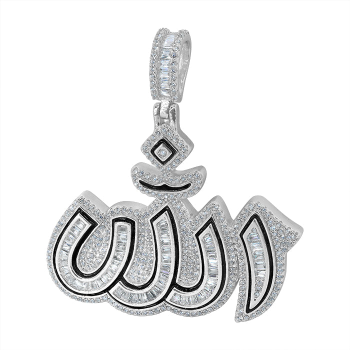 Sterling silver with rhodium or Gold, cubic zirconia Allah pendant, 34x45mm