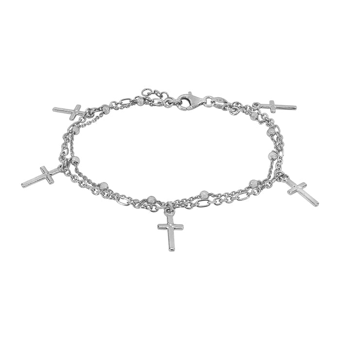Sterling silver with rhodium, double link with cross charm, 7″ + 0.5″ extension
