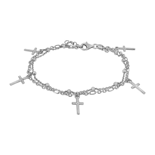 Sterling silver with rhodium, double link with cross charm, 7″ + 0.5″ extension