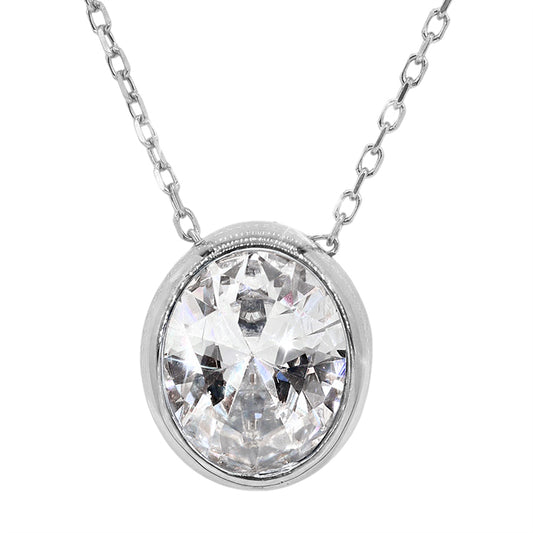 Sterling silver with rhodium, 9.5x12mm oval cubic zirconia necklace, 16″ + 2″ extension