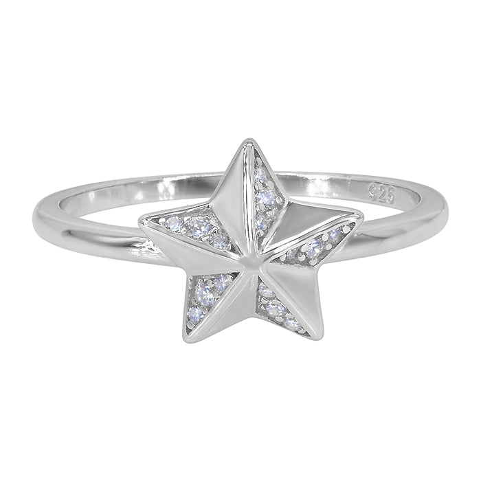 Sterling silver with rhodium, 9mm star ring with cubic zirconia, 1.5mm band
