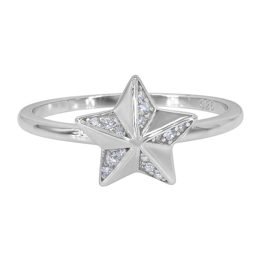 Sterling silver with rhodium, 9mm star ring with cubic zirconia, 1.5mm band