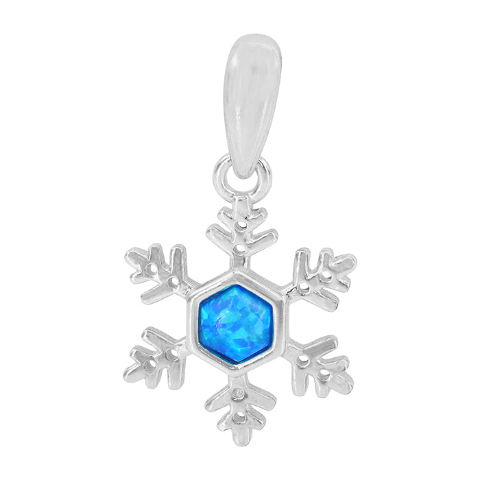 Sterling silver with rhodium, 12mm snowflake pendant with blue emulated opal