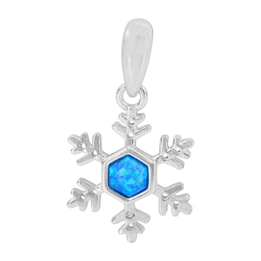 Sterling silver with rhodium, 12mm snowflake pendant with blue emulated opal